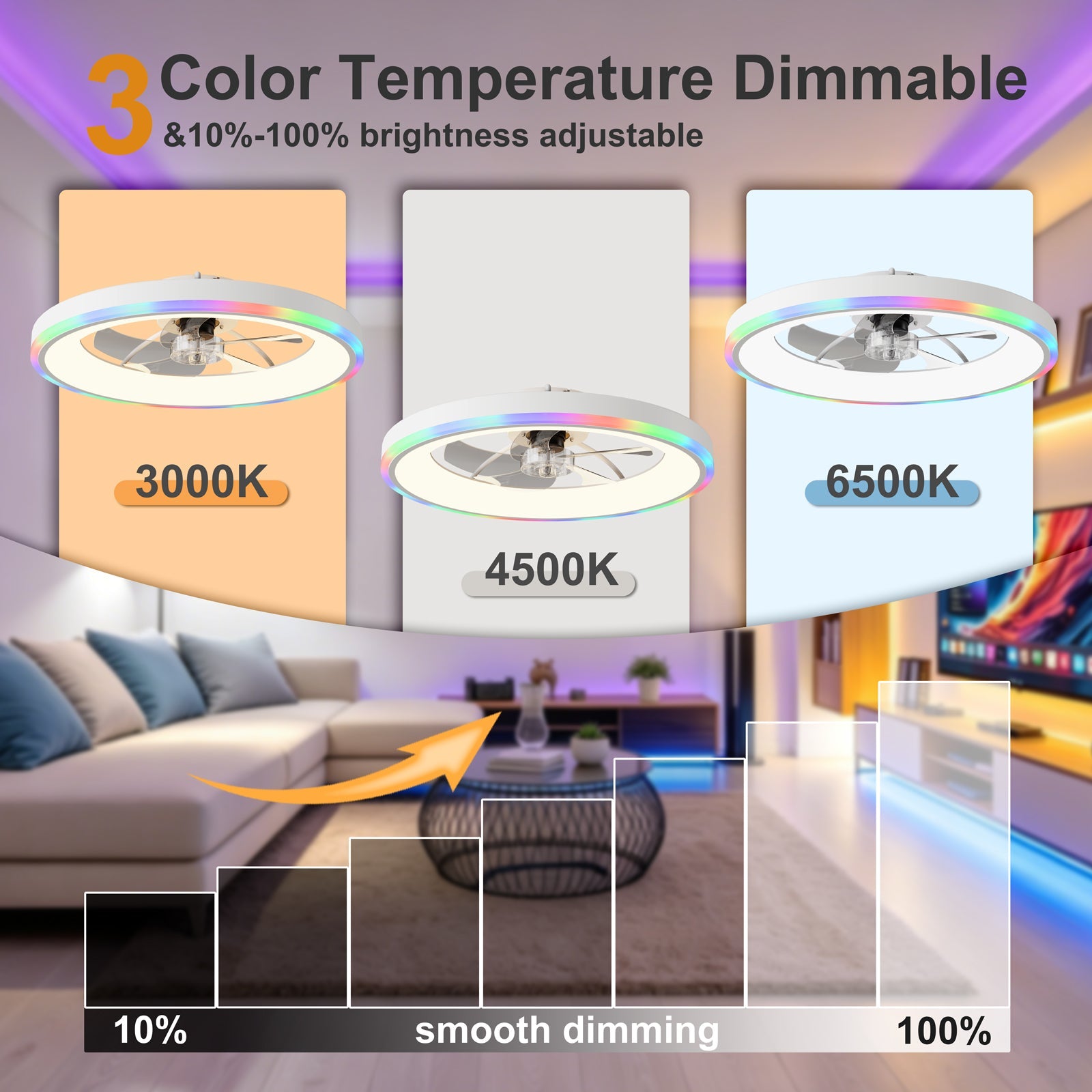 23.6-inch Modern RGB Ceiling Fan with Lights by HouseOfZazla, dimmable RGB ring lighting on Tampa Home & Garden Store