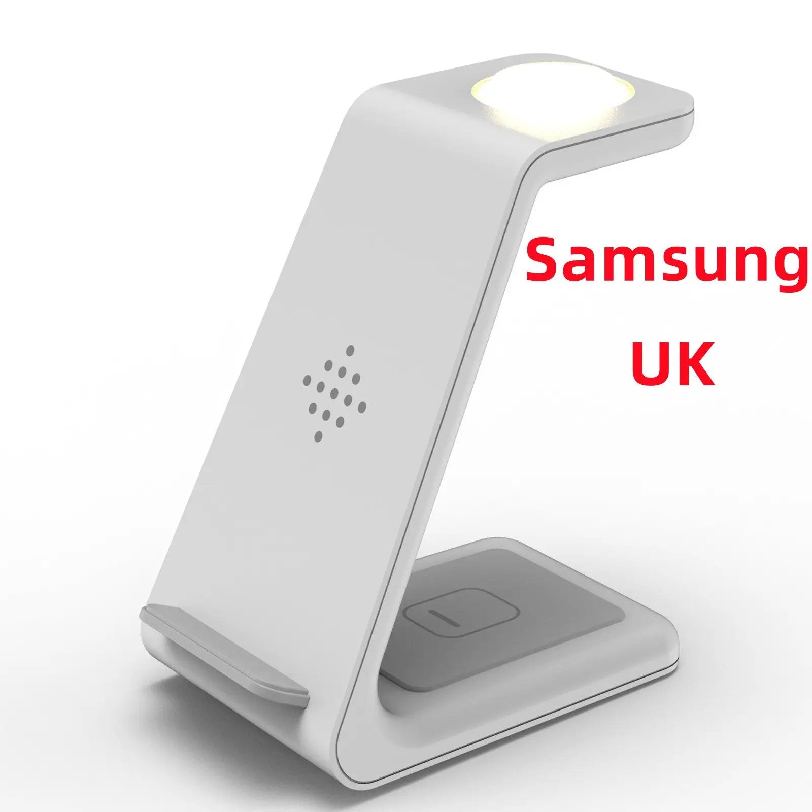 White 3-in-1 wireless charging stand with phone holder and top puck Samsung UK logo visible on Tampa Home & Garden Store