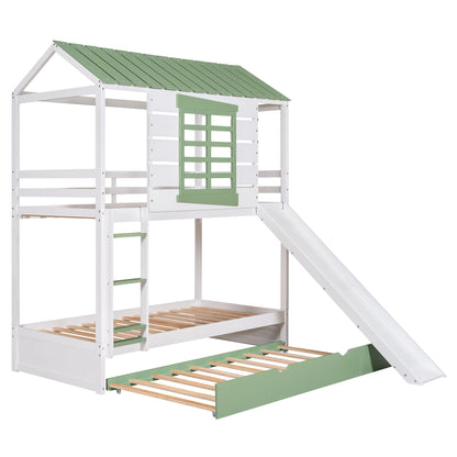 Twin over twin bunk bed with slide and trundle, white frame with green accents HouseOfZazla on Tampa Home & Garden Store