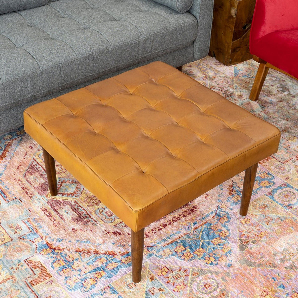 Tufted square light brown genuine upholstered ottoman with high-density foam on Tampa Home & Garden Store