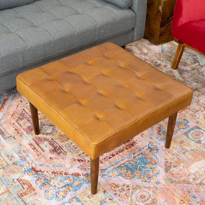 Tufted square light brown genuine upholstered ottoman with high-density foam on Tampa Home & Garden Store