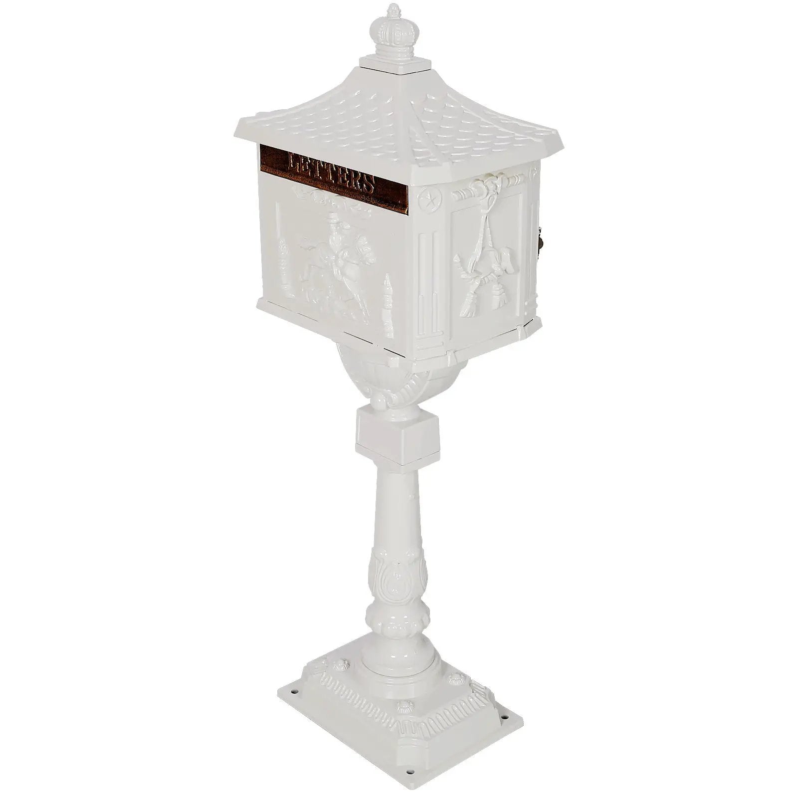 Cast aluminum mailbox with decorative side panels and copper plaque on a tall ornate post on Tampa Home & Garden Store