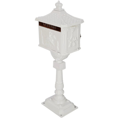 Cast aluminum mailbox with decorative side panels and copper plaque on a tall ornate post on Tampa Home & Garden Store