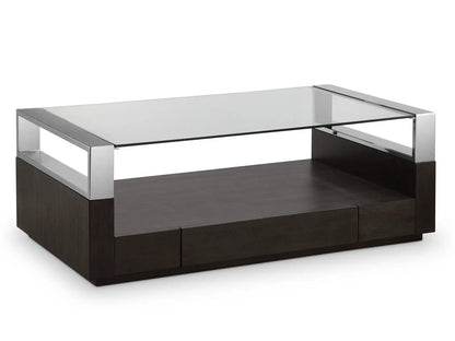 Revere Rectangular End Table with glass top, chrome frame, dark wood base, two drawers on Tampa Home & Garden Store