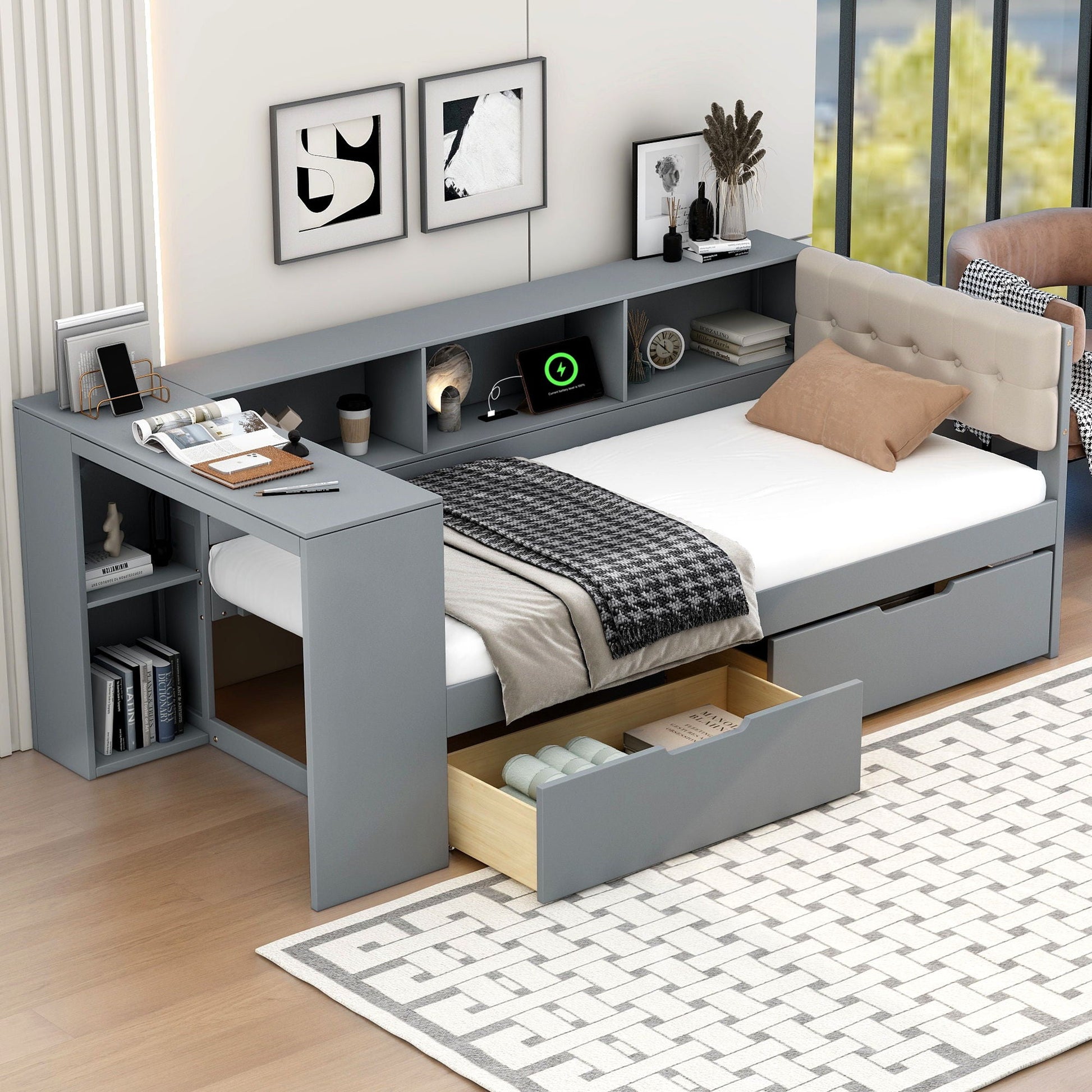 HouseOfZazla gray upholstered storage bed with headboard shelves and drawers, charging station on Tampa Home & Garden Store