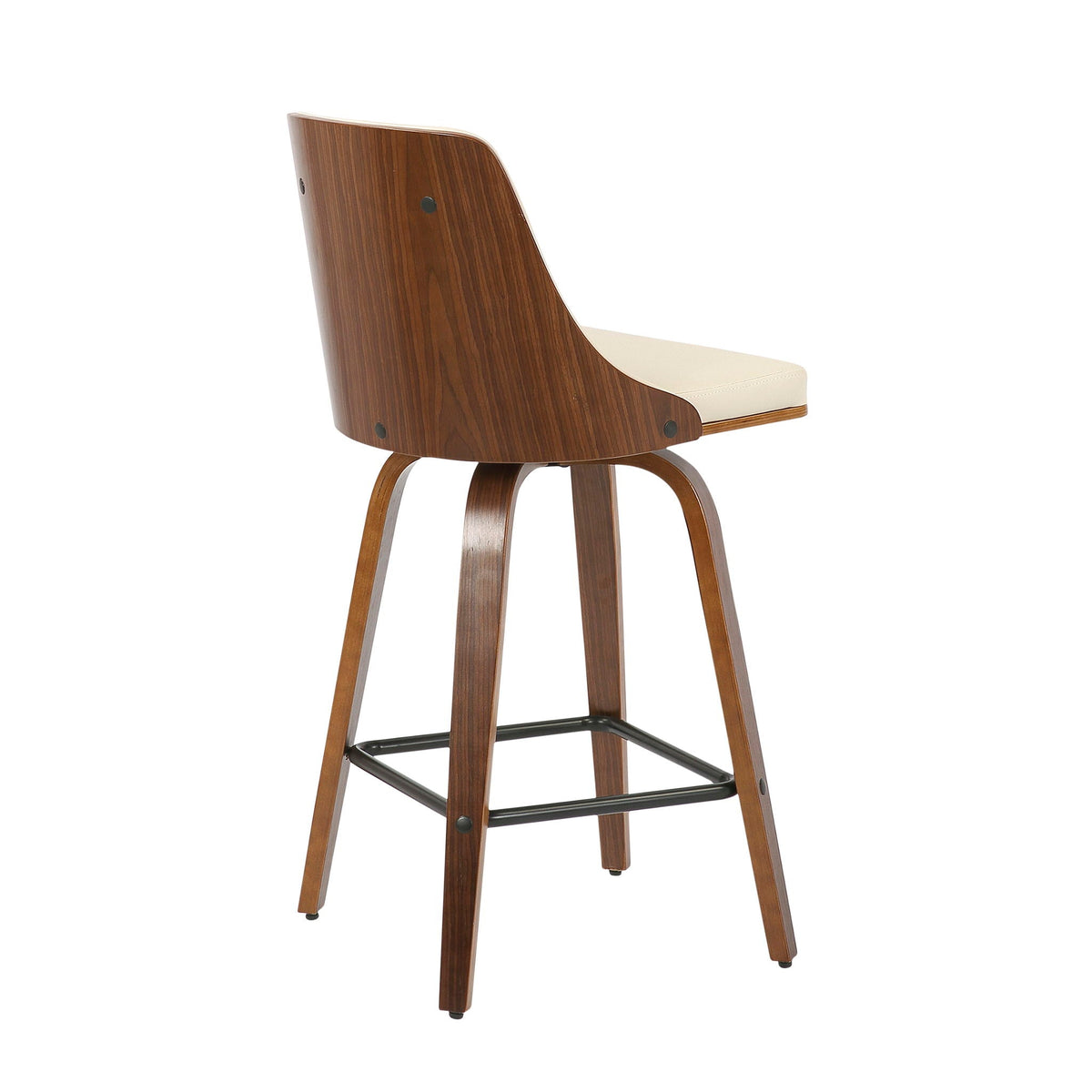 Mid Century Modern counter stool with swivel in walnut veneer and beige seat on Tampa Home & Garden Store
