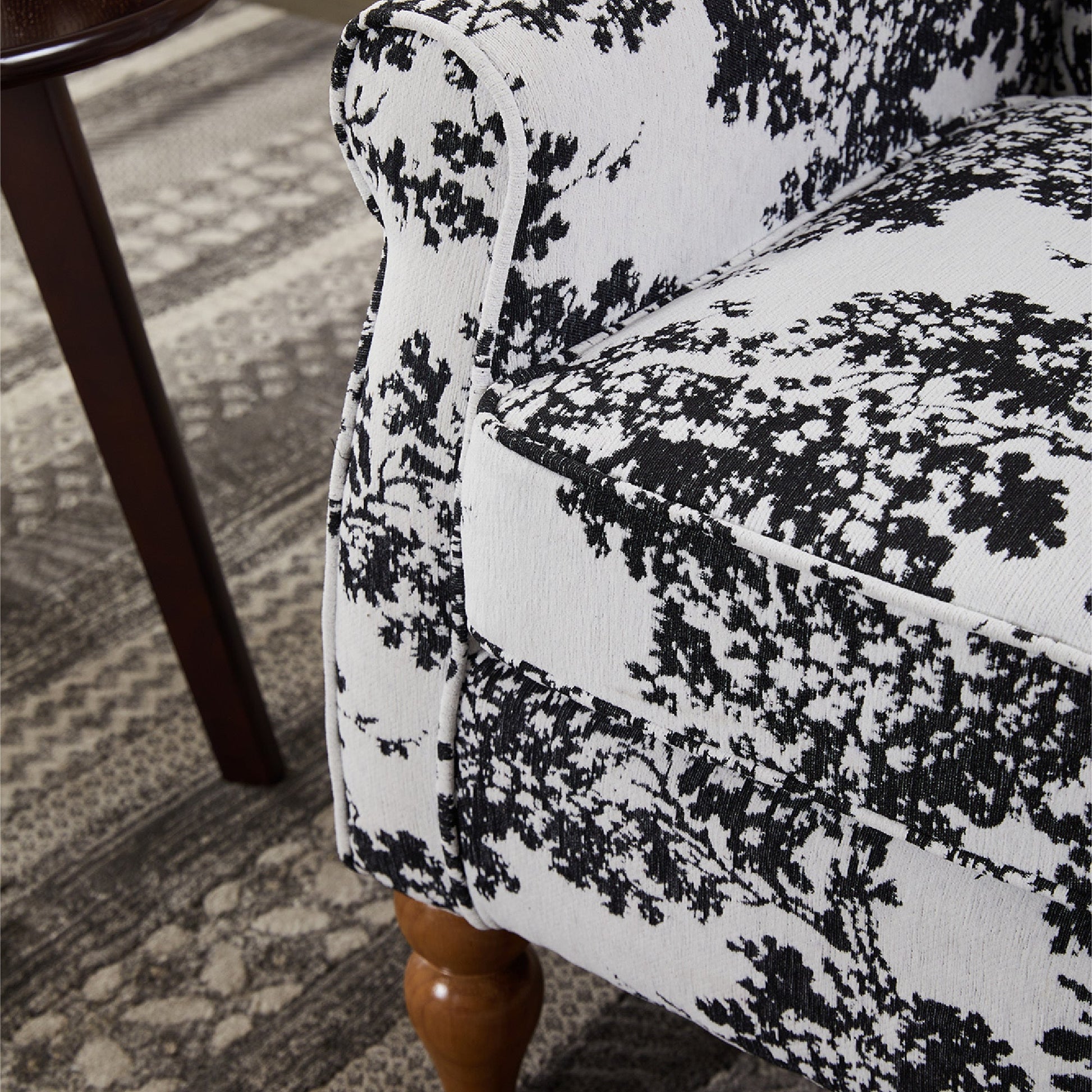 Accent chair in black and white abstract upholstery with wooden legs HouseOfZazla on Tampa Home & Garden Store