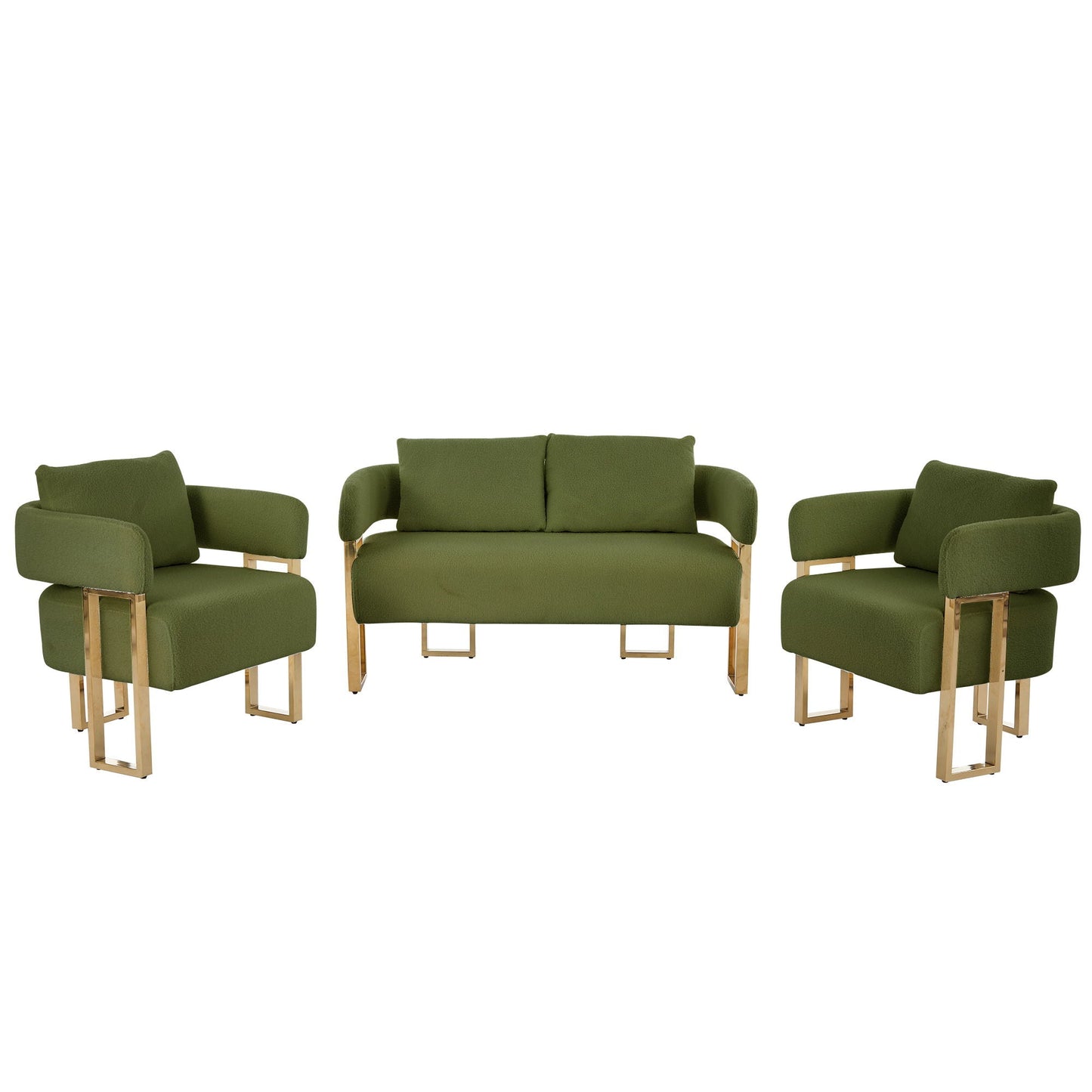 Decorative upholstered side chairs in green with gold legs surrounding a matching sofa on Tampa Home & Garden Store