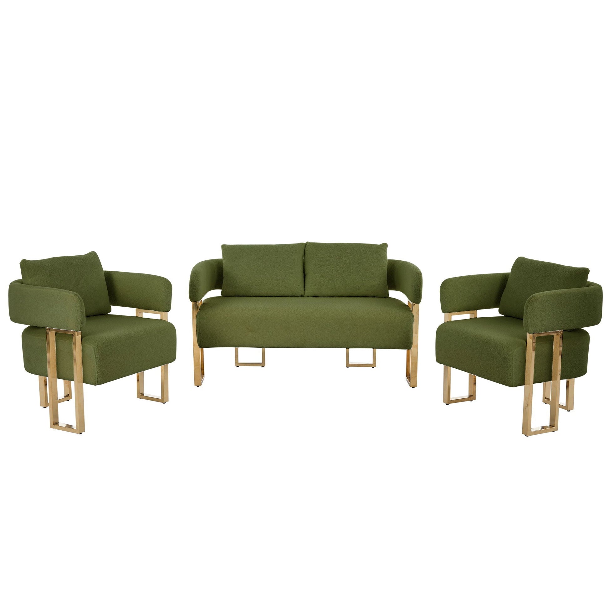 Decorative upholstered side chairs in green with gold legs surrounding a matching sofa on Tampa Home & Garden Store