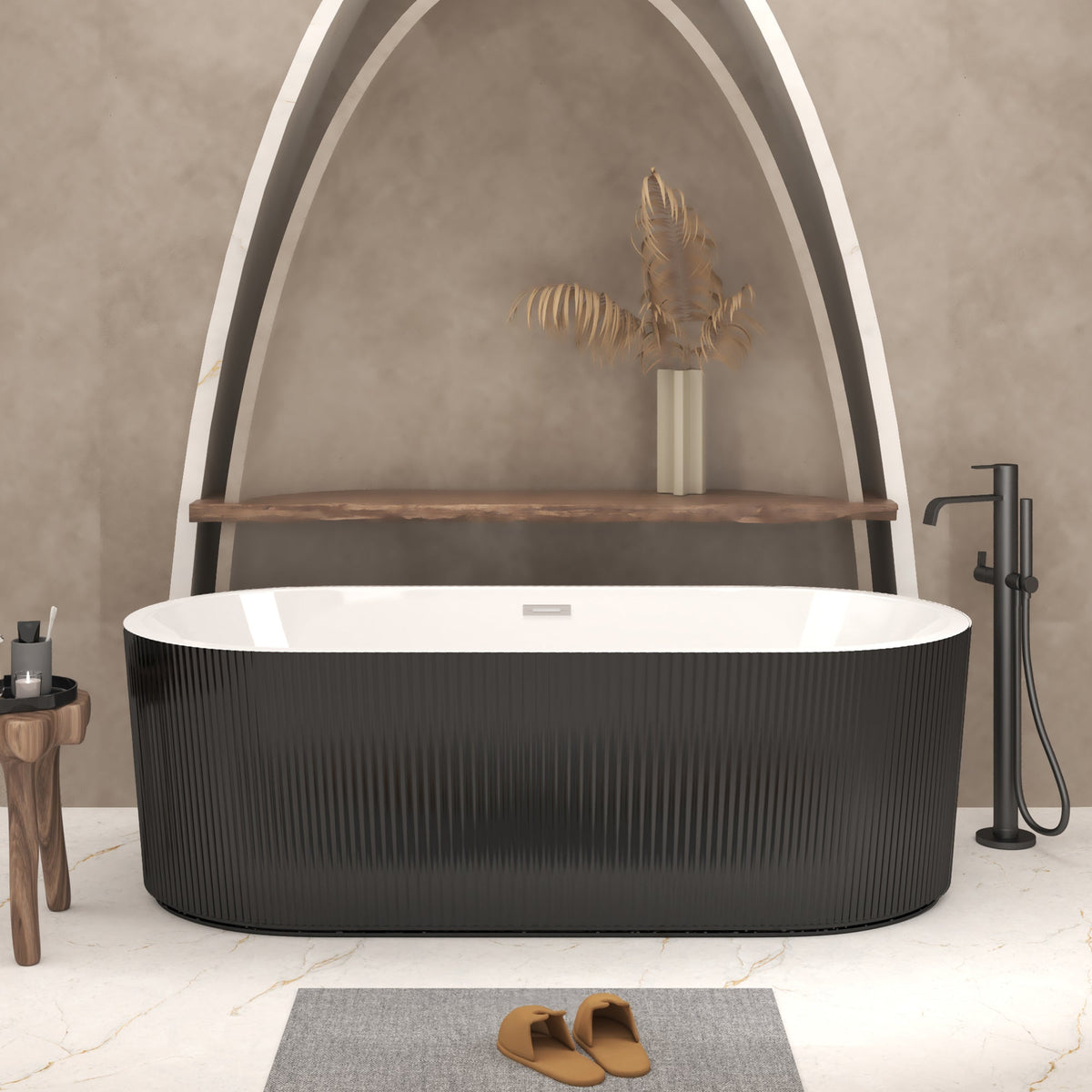 67 Inch linear acrylic freestanding tub white interior black ribbed exterior HouseOfZazla on Tampa Home & Garden Store