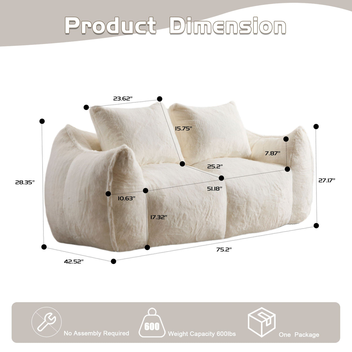 Ultra Soft Faux Fur Bean Bag Loveseat beige shredded sponge filling stationary by HouseOfZazla on Tampa Home & Garden Store