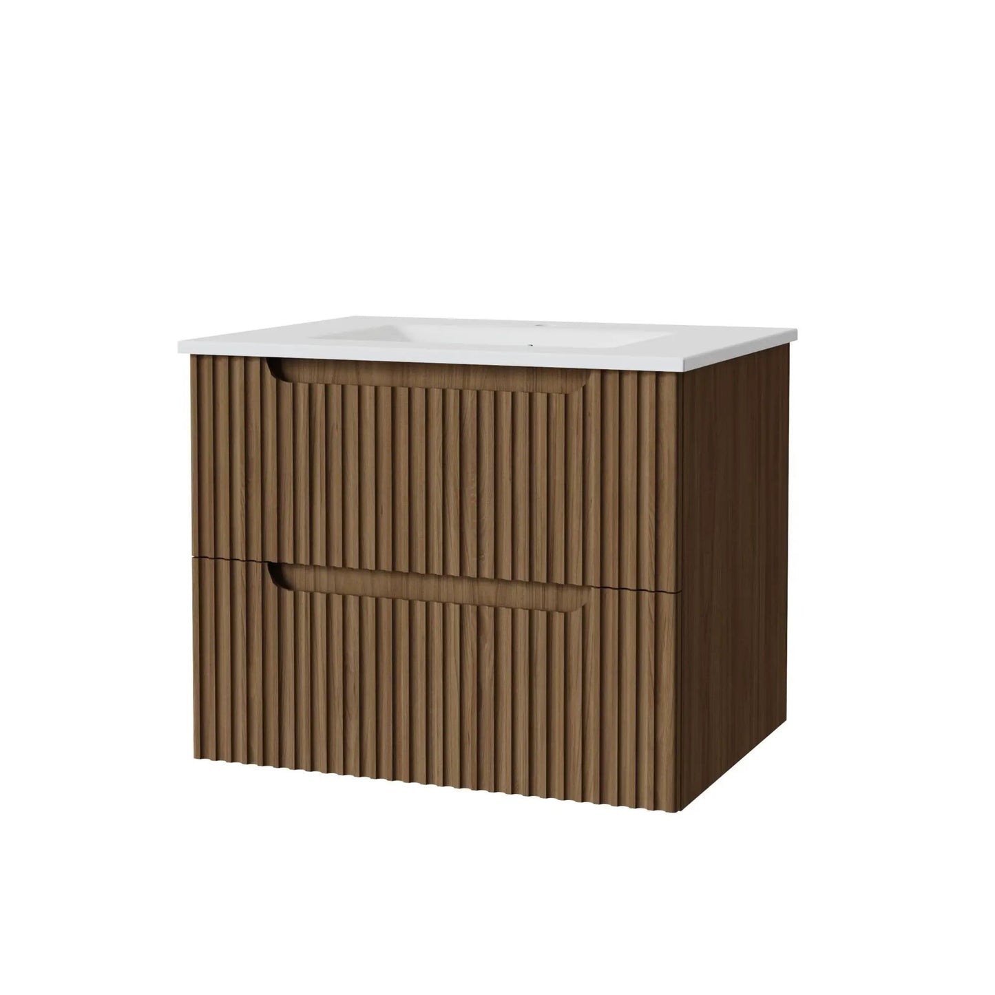 Wall mounted vanity & sink, wood slat-front cabinet, white top, Unique Piece Furniture on Tampa Home & Garden Store