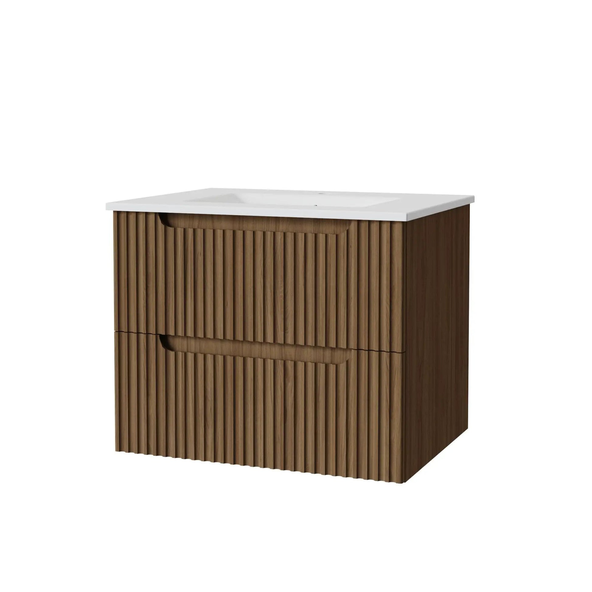 Wall mounted vanity & sink, wood slat-front cabinet, white top, Unique Piece Furniture on Tampa Home & Garden Store