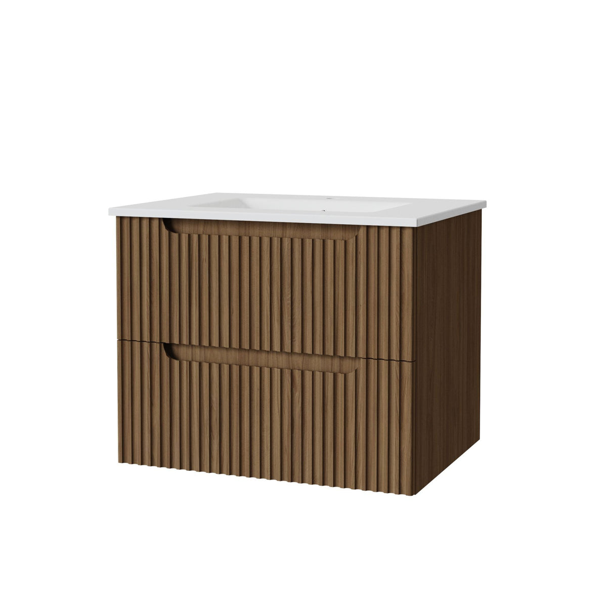 Light brown wall-mounted bathroom vanity with white sink and slat-front cabinet on Tampa Home & Garden Store