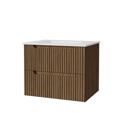 Light brown wall-mounted bathroom vanity with white sink and slat-front cabinet on Tampa Home & Garden Store