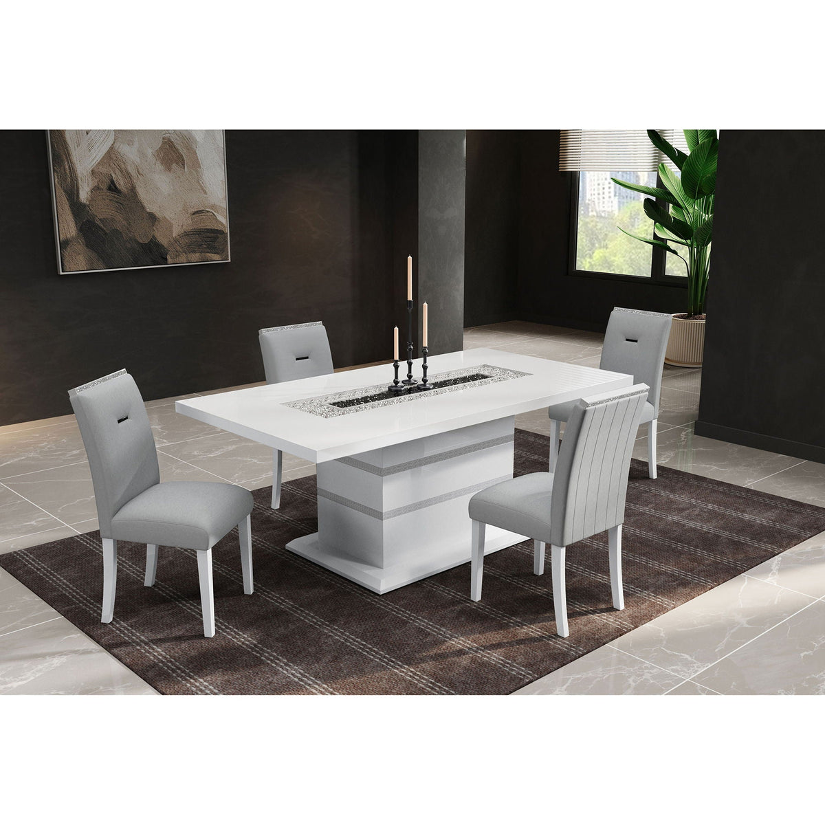 Ariya high-gloss white dining table with six gray chairs in a modern dining room HouseOfZazla on Tampa Home & Garden Store