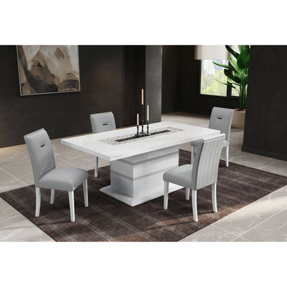 Ariya high-gloss white dining table with six gray chairs in a modern dining room HouseOfZazla on Tampa Home & Garden Store