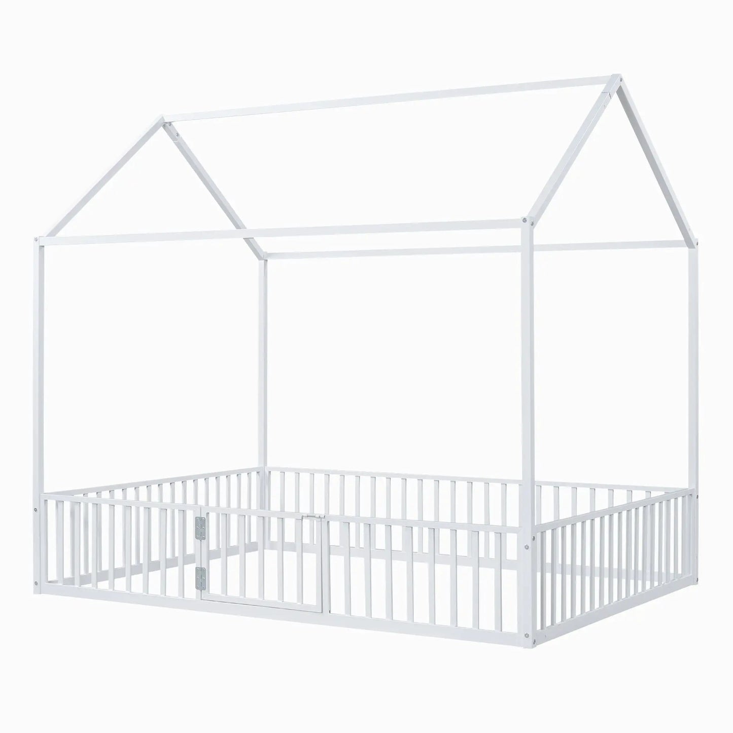 Metal house bed with fence and door, white metal canopy frame for kids on Tampa Home & Garden Store