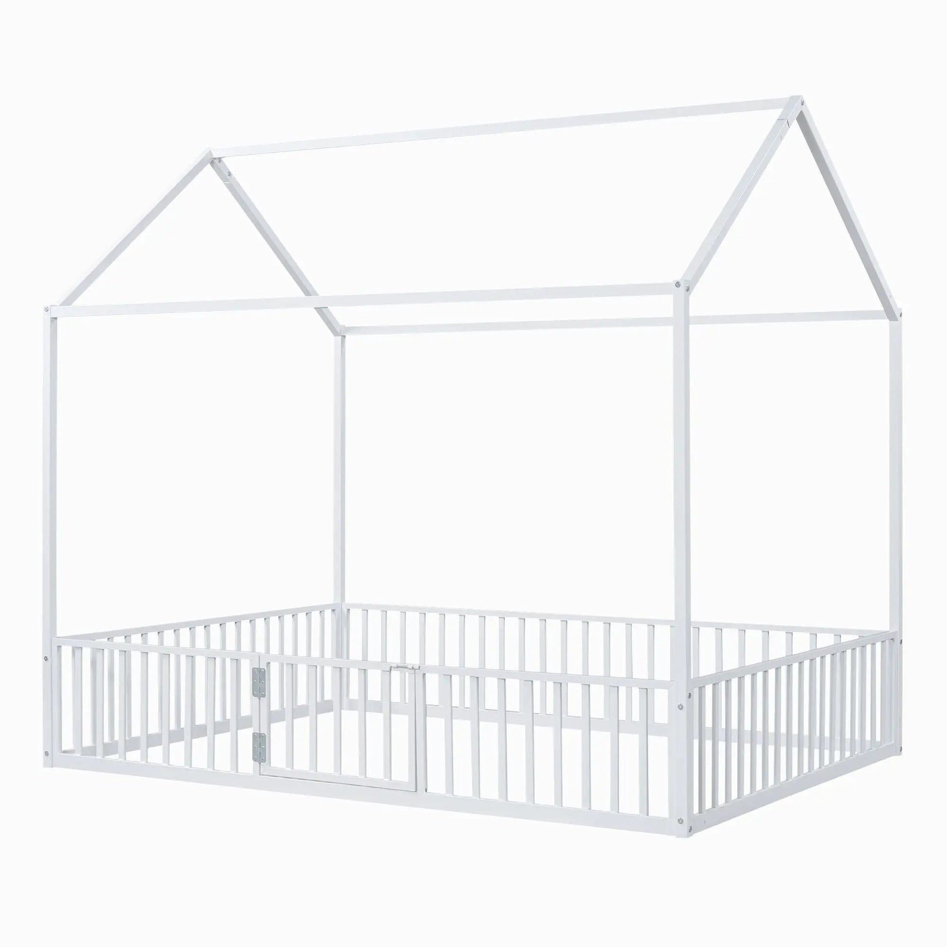 Metal house bed with fence and door, white metal canopy frame for kids on Tampa Home & Garden Store