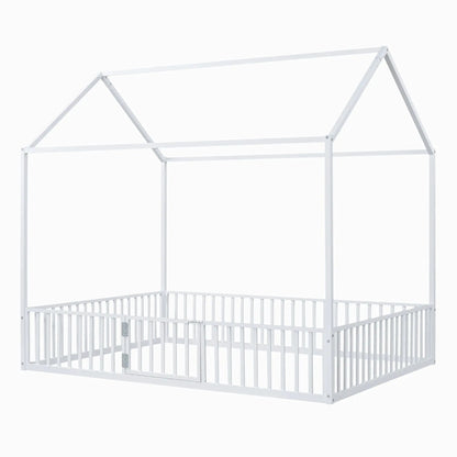 Metal house bed with fence and door, white metal canopy frame for kids on Tampa Home & Garden Store