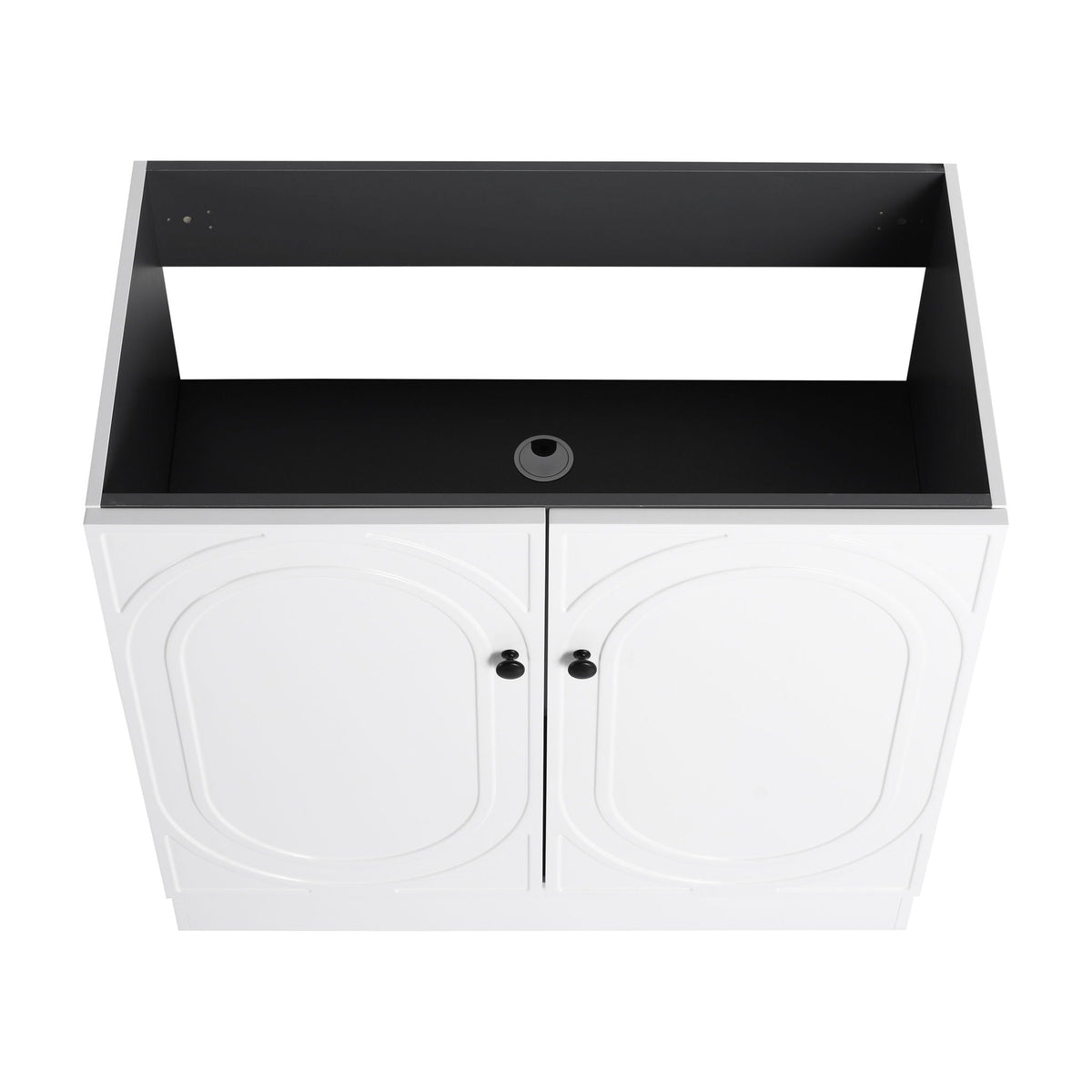 Freestanding bathroom vanity by HouseOfZazla with black top and white curved-panel cabinets on Tampa Home & Garden Store