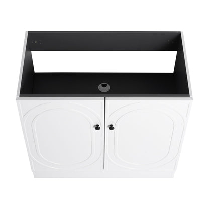 Freestanding bathroom vanity by HouseOfZazla with black top and white curved-panel cabinets on Tampa Home & Garden Store