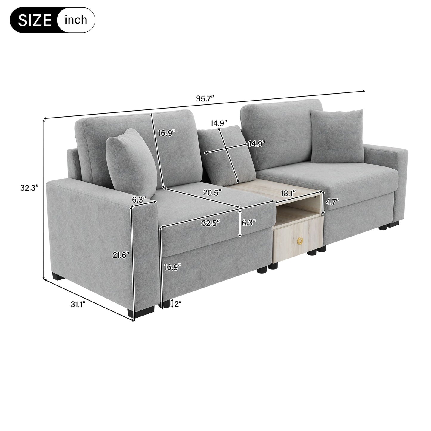 HouseOfZazla stationary modular sofa couch with storage armrest and center console, fabric on Tampa Home & Garden Store