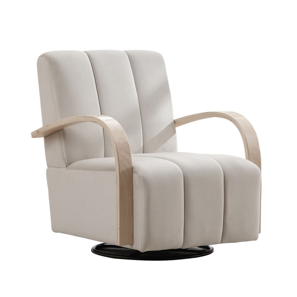 360-degree beige fabric swivel accent chair with armrests and light wood curved arms on Tampa Home & Garden Store