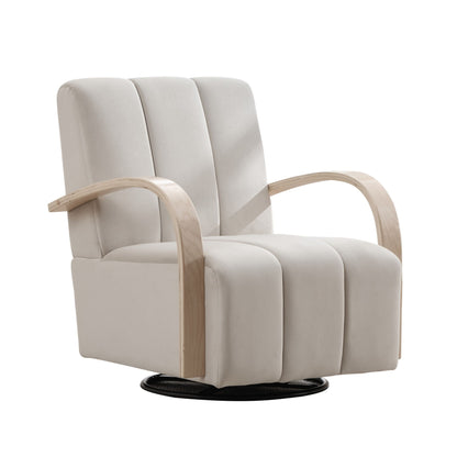 360-degree beige fabric swivel accent chair with armrests and light wood curved arms on Tampa Home & Garden Store