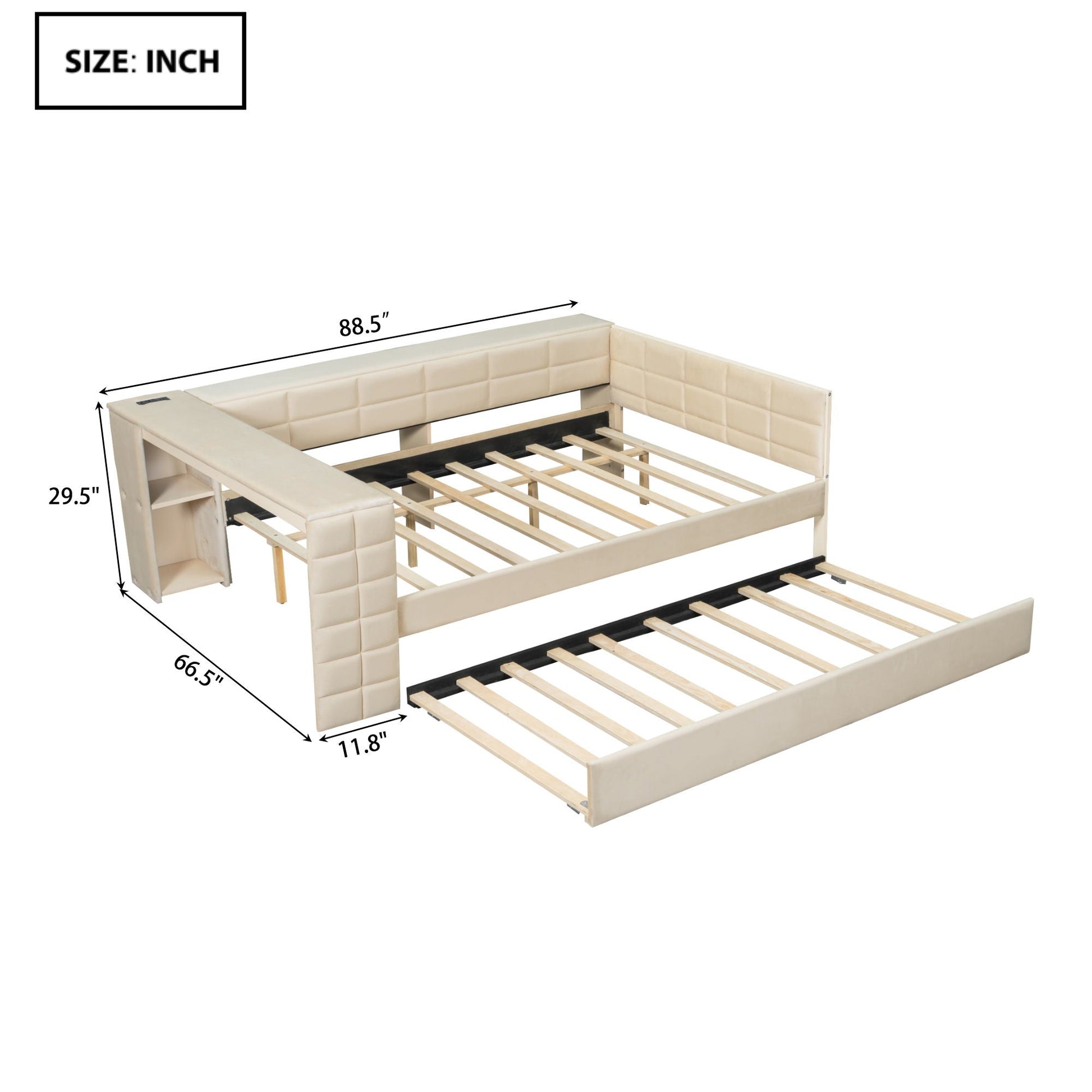 Upholstered platform bed with built-in storage and trundle in beige fabric by HouseOfZazla on Tampa Home & Garden Store