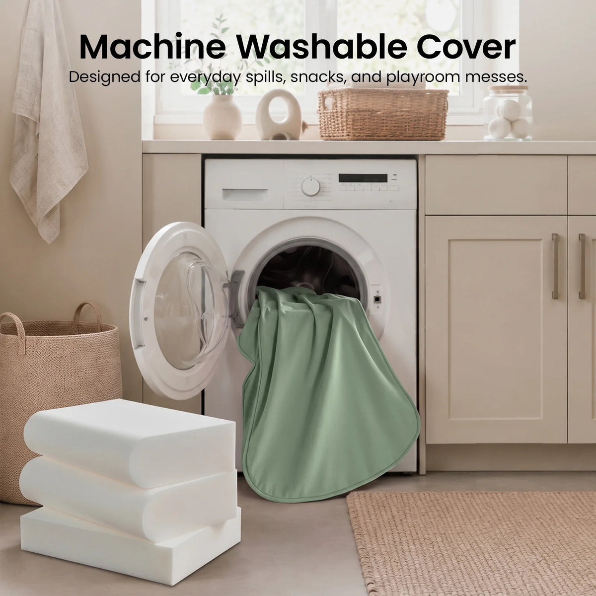 Tiny Land GentleSnug Kids Sofa Chair with mint-green cover in a laundry room scene on Tampa Home & Garden Store