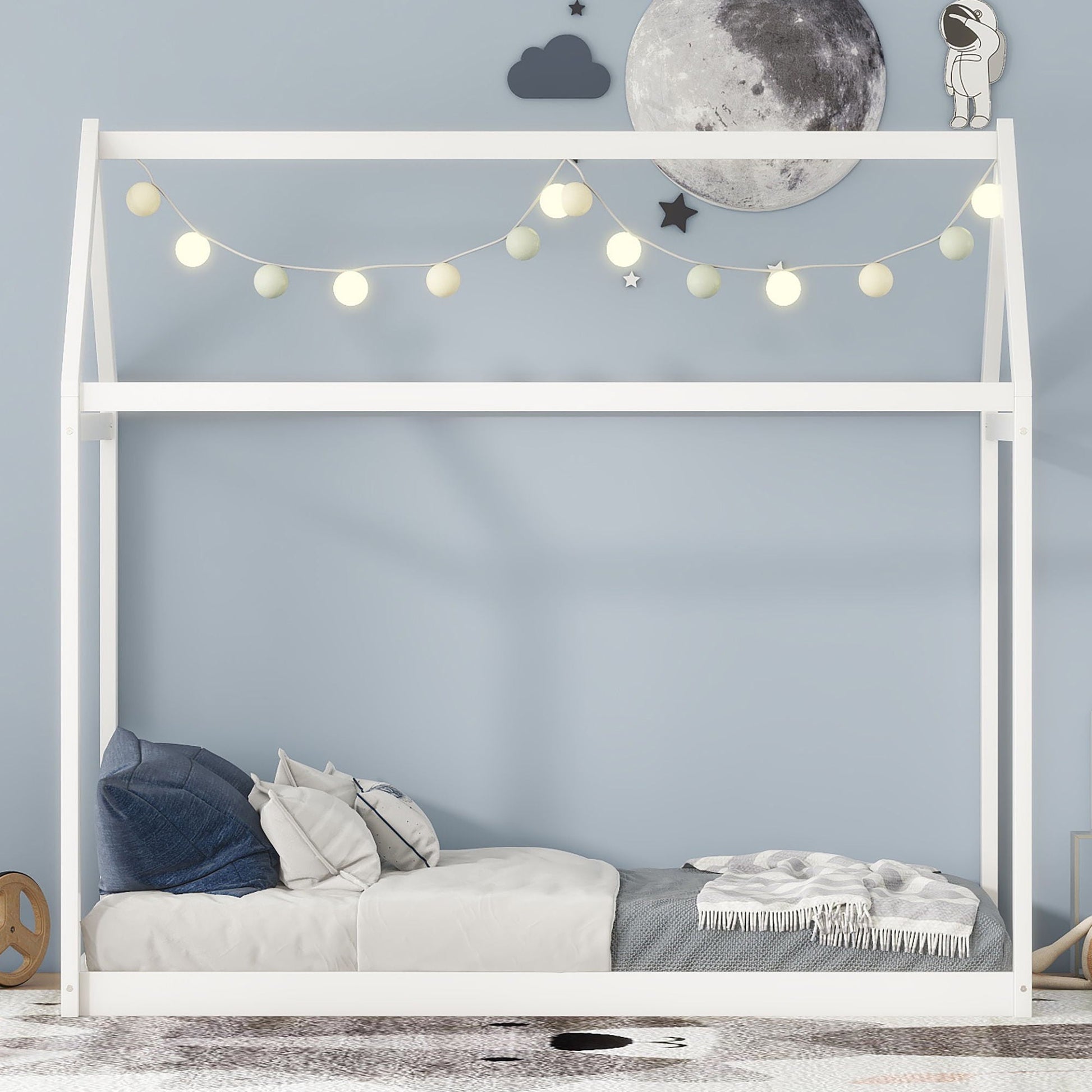 Wooden house-shaped platform bed frame in white by HouseOfZazla with cozy bedding on Tampa Home & Garden Store