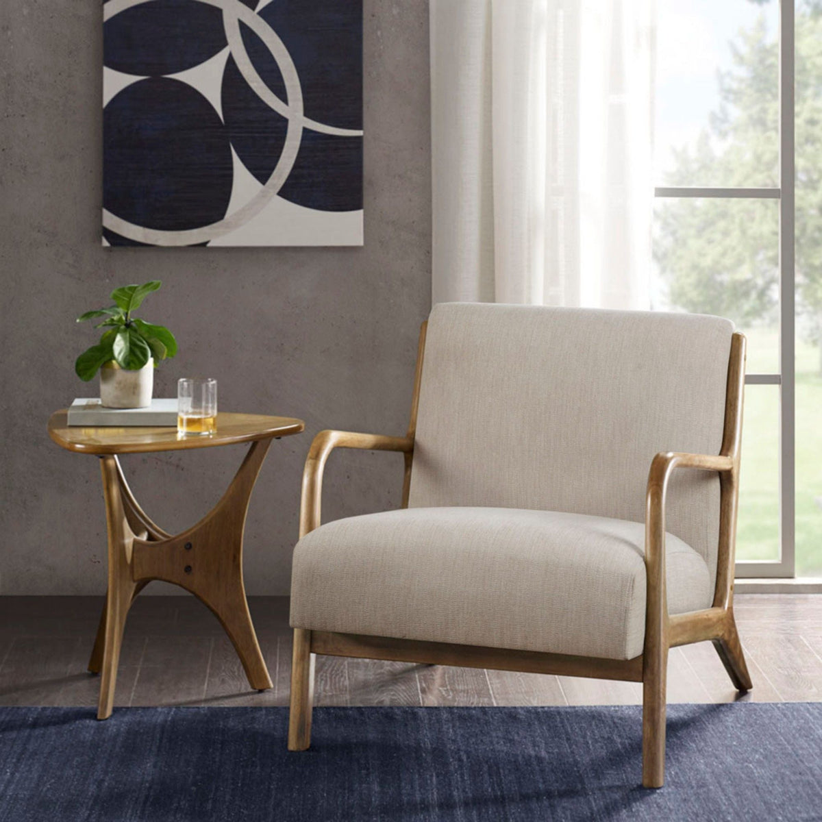 Mid-Century Style Lounge Chair with Beige Upholstery and Wood Frame by HouseOfZazla on Tampa Home & Garden Store