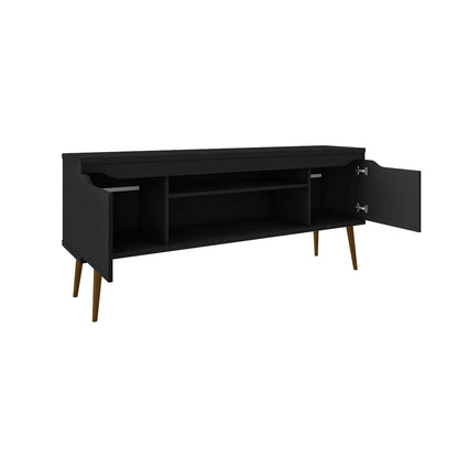 Mid-Century Modern TV stand by HouseOfZazla black with solid wood splayed legs and end cabinets on Tampa Home & Garden Store