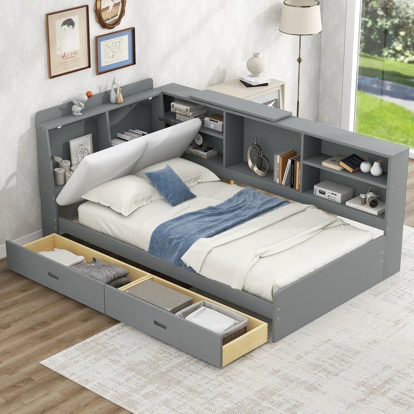 Platform bed with storage headboard, gray finish, shelves and two drawers on Tampa Home & Garden Store
