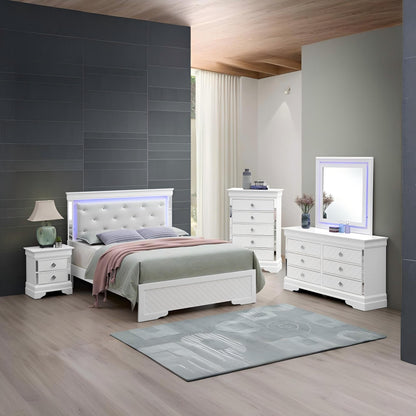 Bed with LED light accents headboard, white tufted upholstery by HouseOfZazla, nightstands on Tampa Home & Garden Store
