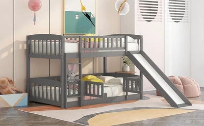 Low Bunk Bed With Slide Fence and Ladder
