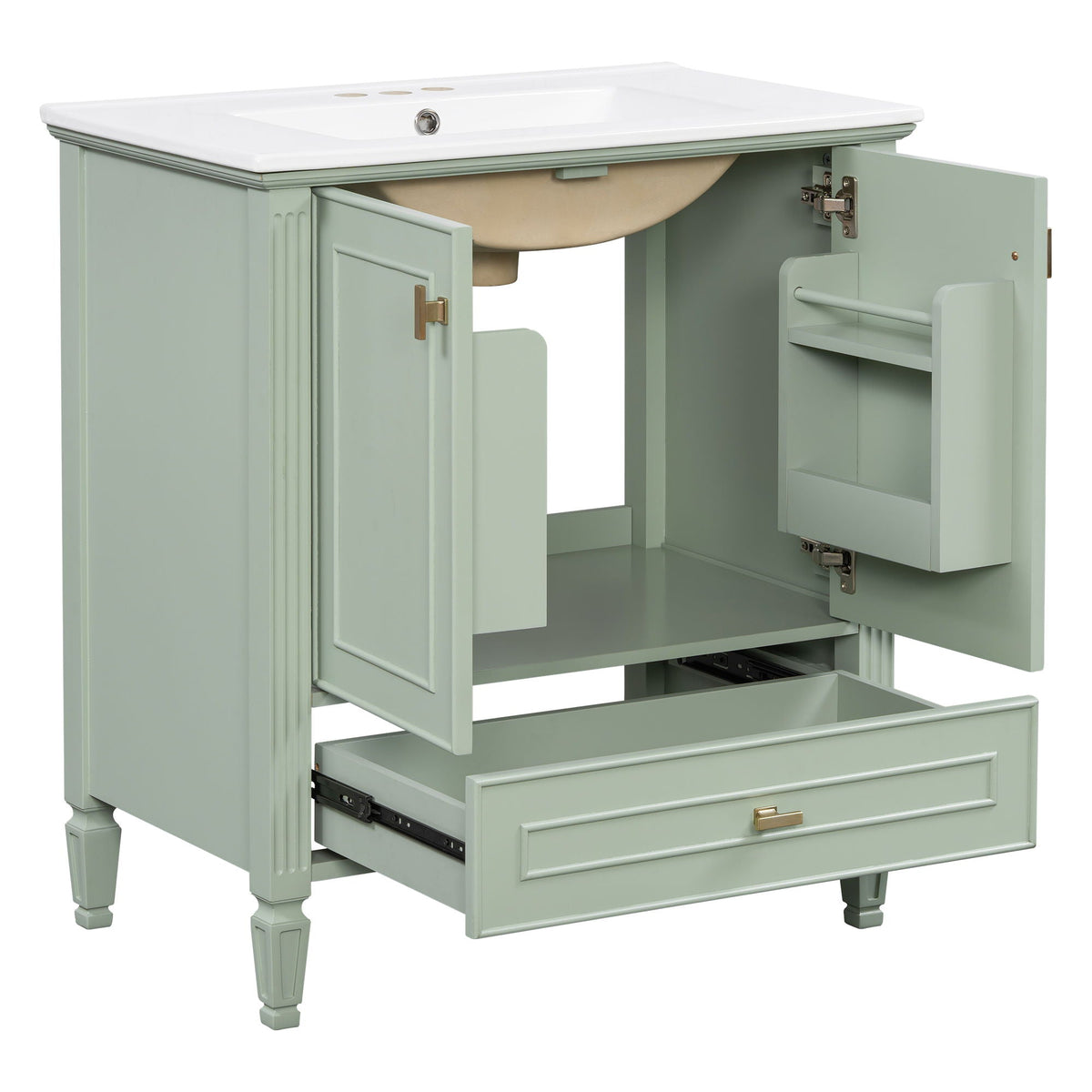 Freestanding vanity with white sink in sage green cabinet, doors, drawer, and soft-close hinges on Tampa Home & Garden Store