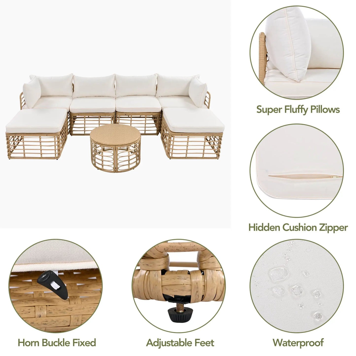 7 Piece Outdoor Rattan Sectional Set with thick white cushions, modular wicker seating on Tampa Home & Garden Store