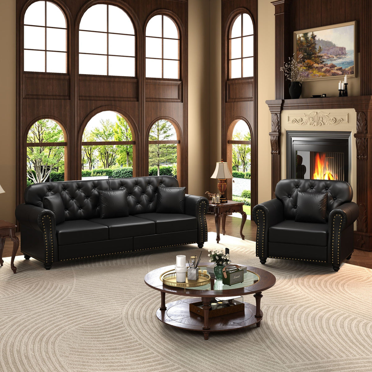 Upholstered Sofa with Nailhead and Ottoman