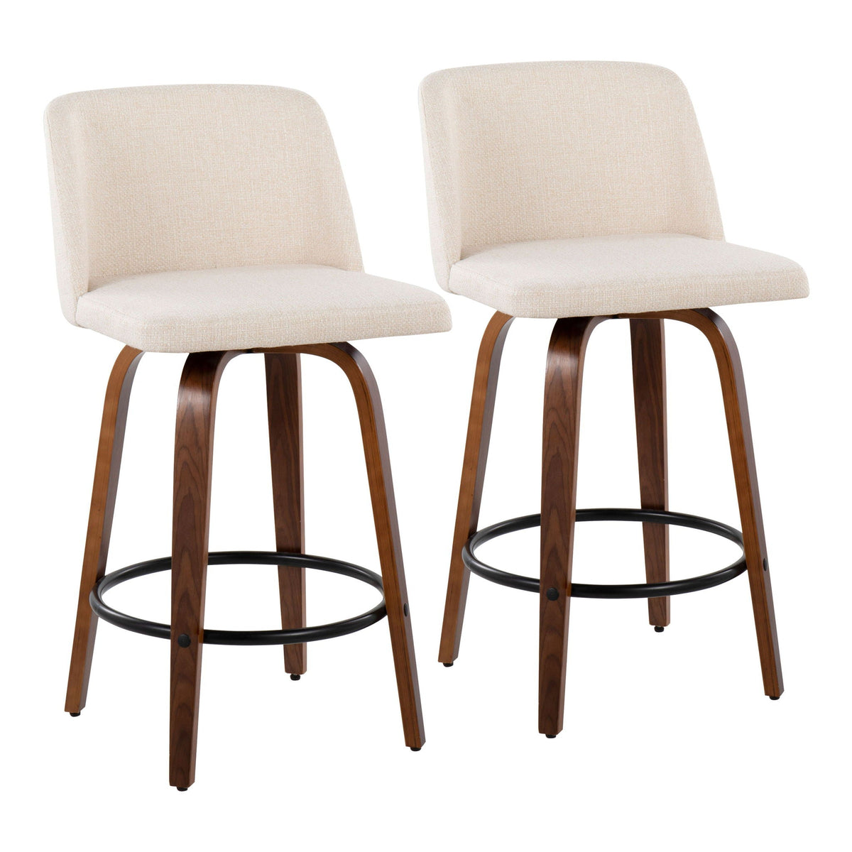 Toriano mid-century modern counter stools, beige upholstery with curved wood legs, set of 2 on Tampa Home & Garden Store