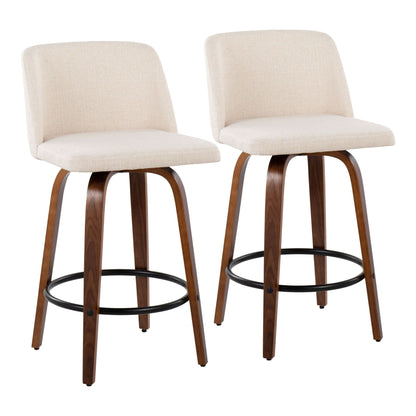 Toriano mid-century modern counter stools, beige upholstery with curved wood legs, set of 2 on Tampa Home & Garden Store