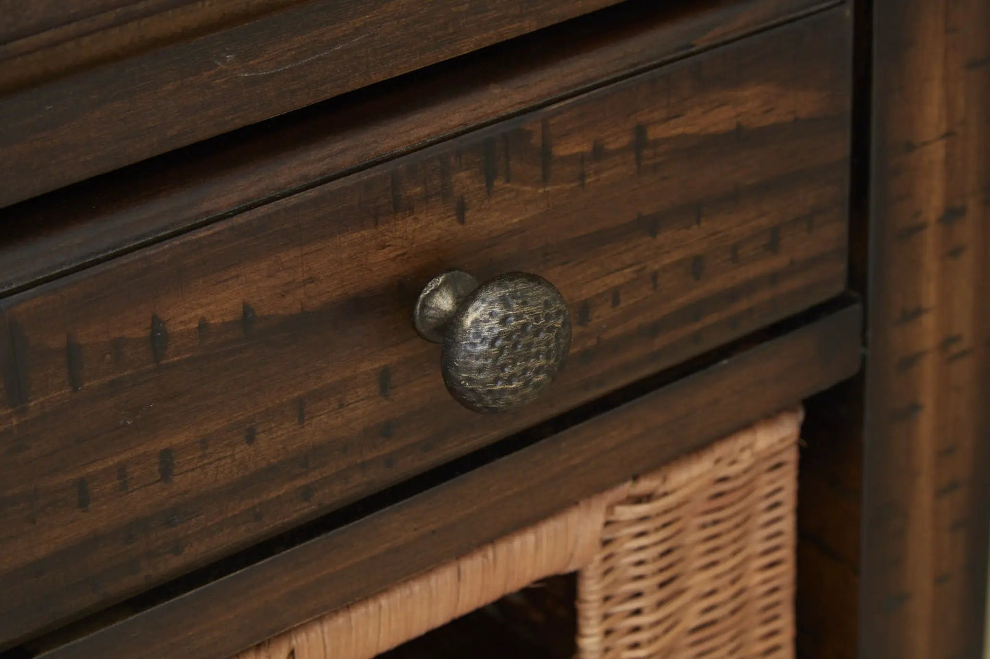 Cottage Lane wood rectangular end table with dark coffee finish and hammered metal knob on Tampa Home & Garden Store