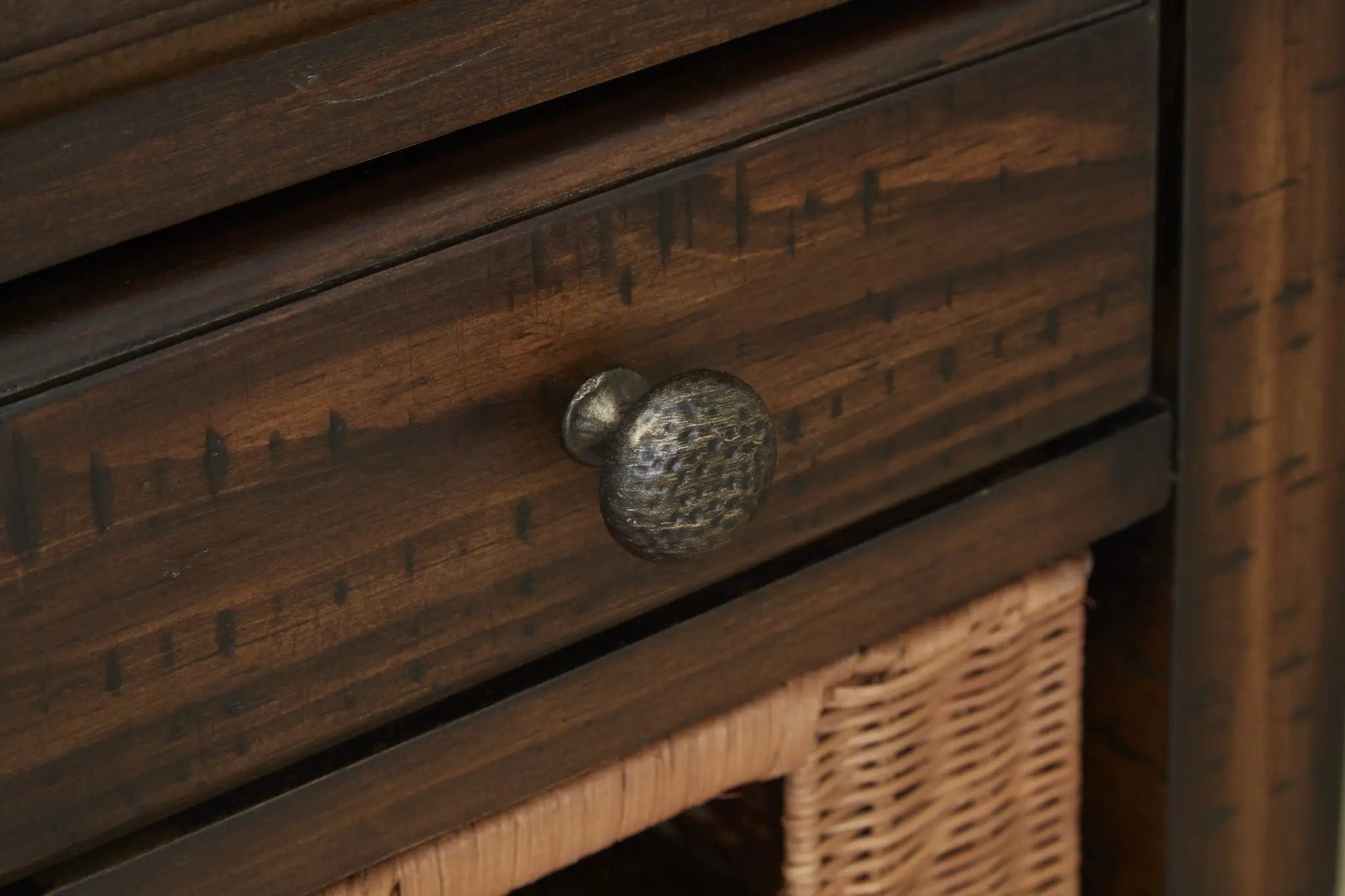 Cottage Lane wood rectangular end table with dark coffee finish and hammered metal knob on Tampa Home & Garden Store
