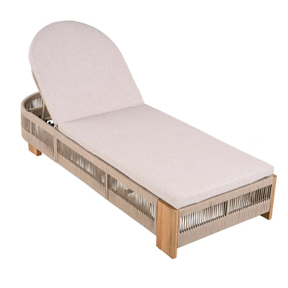 Two outdoor chaise lounges with beige cushions, acacia wood frames, adjustable backrests on Tampa Home & Garden Store