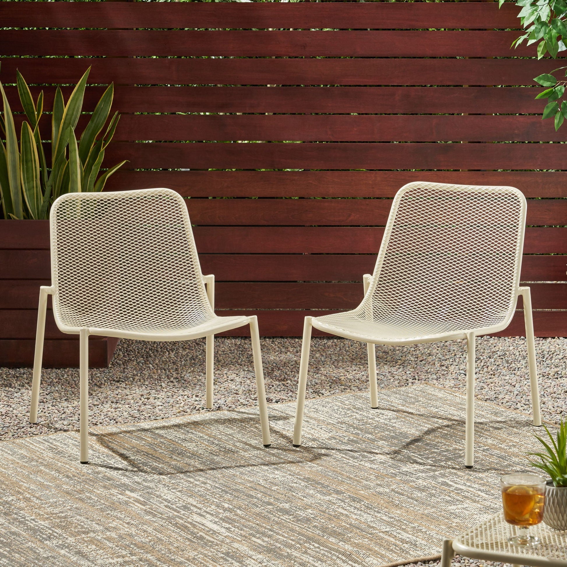 Kincaid Stackable Iron Chair pair, white armless outdoor chairs with mesh, HouseOfZazla on Tampa Home & Garden Store
