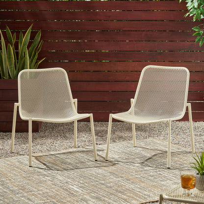 Kincaid Stackable Iron Chair pair, white armless outdoor chairs with mesh, HouseOfZazla on Tampa Home & Garden Store