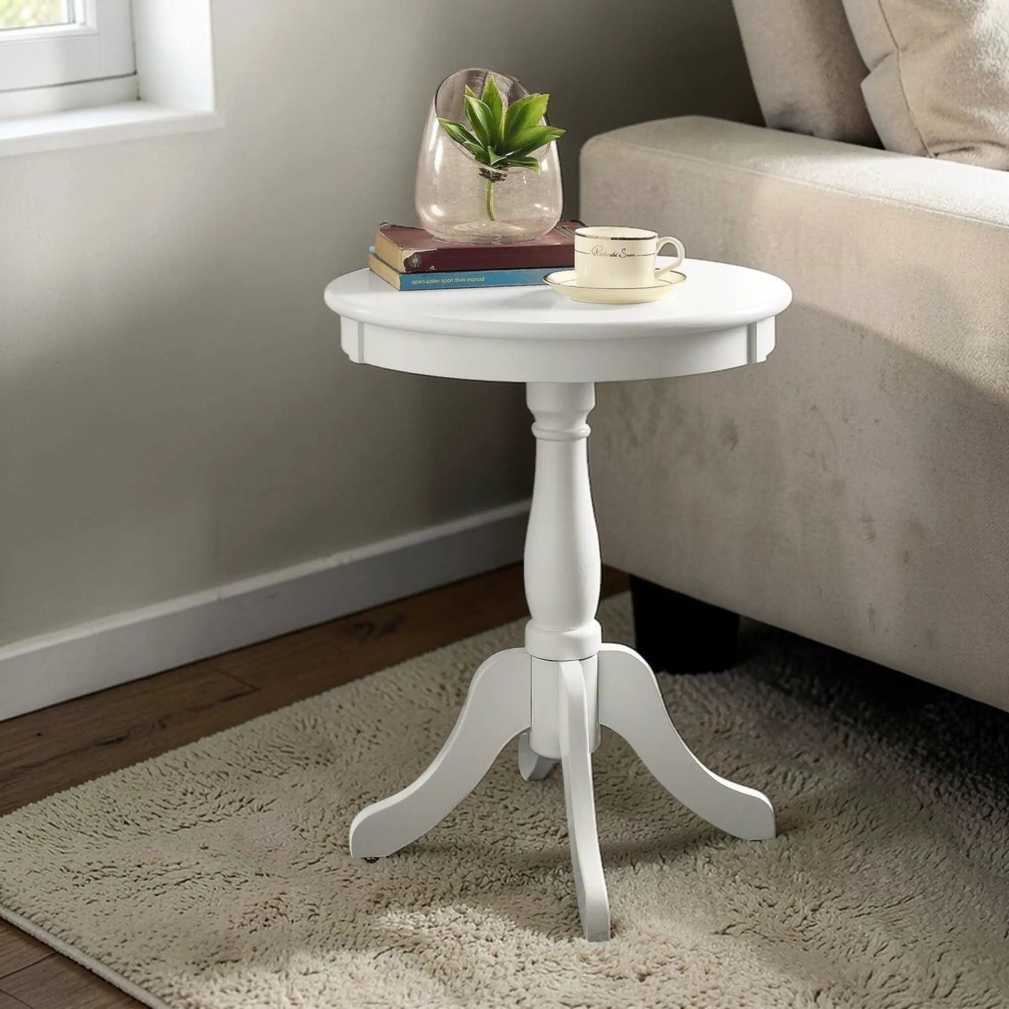 Round Pedestal Accent Table White Cottage Style