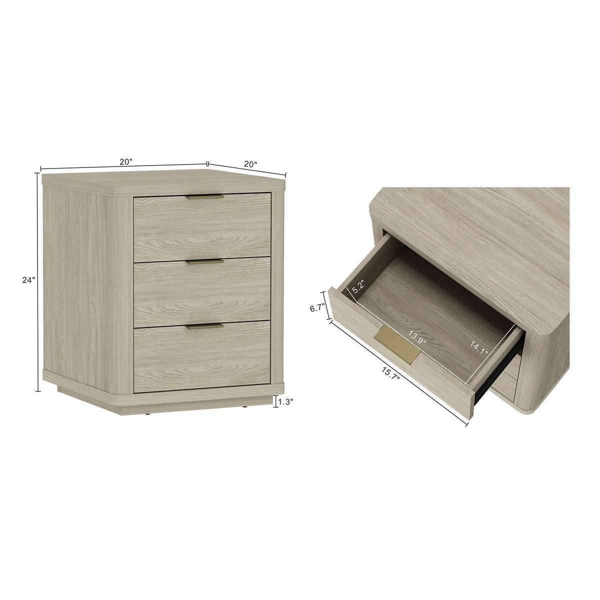 Nightstand with 3 drawers in light oak, rounded edges, HouseOfZazla accent, 3 colors on Tampa Home & Garden Store