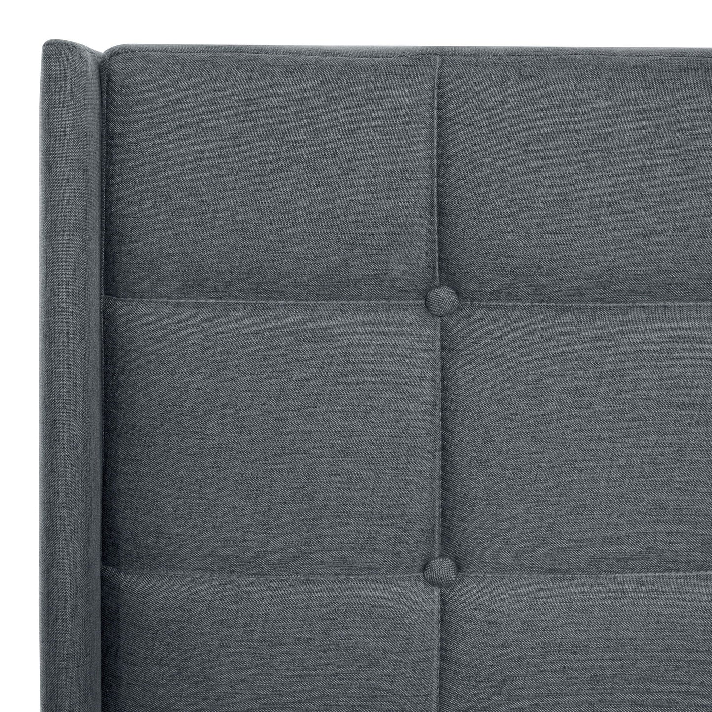 Queen size upholstered platform bed frame with dark gray linen headboard featuring button tufting on Tampa Home & Garden Store